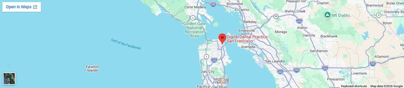Google Maps view showing the office location of Digital Dental Practice at 100 Montgomery Street, Suite 350, San Francisco, CA in the Financial District.